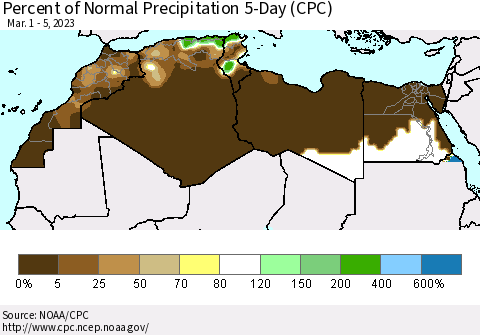 North Africa Percent of Normal Precipitation 5-Day (CPC) Thematic Map For 3/1/2023 - 3/5/2023