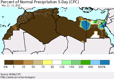 North Africa Percent of Normal Precipitation 5-Day (CPC) Thematic Map For 3/11/2023 - 3/15/2023