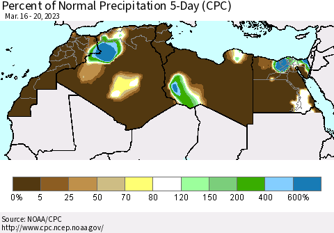 North Africa Percent of Normal Precipitation 5-Day (CPC) Thematic Map For 3/16/2023 - 3/20/2023