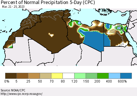 North Africa Percent of Normal Precipitation 5-Day (CPC) Thematic Map For 3/21/2023 - 3/25/2023