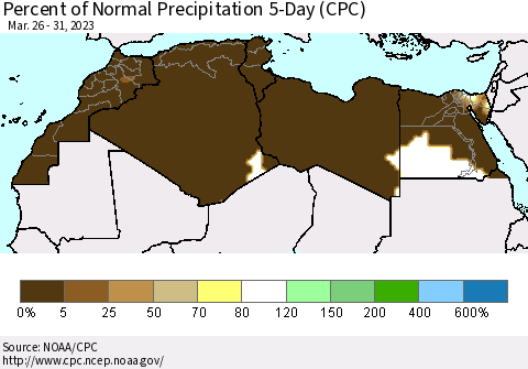 North Africa Percent of Normal Precipitation 5-Day (CPC) Thematic Map For 3/26/2023 - 3/31/2023