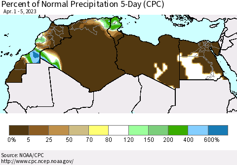 North Africa Percent of Normal Precipitation 5-Day (CPC) Thematic Map For 4/1/2023 - 4/5/2023