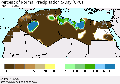 North Africa Percent of Normal Precipitation 5-Day (CPC) Thematic Map For 4/6/2023 - 4/10/2023