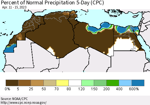 North Africa Percent of Normal Precipitation 5-Day (CPC) Thematic Map For 4/11/2023 - 4/15/2023
