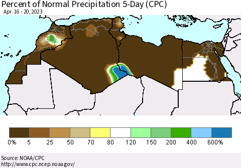 North Africa Percent of Normal Precipitation 5-Day (CPC) Thematic Map For 4/16/2023 - 4/20/2023