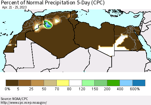 North Africa Percent of Normal Precipitation 5-Day (CPC) Thematic Map For 4/21/2023 - 4/25/2023