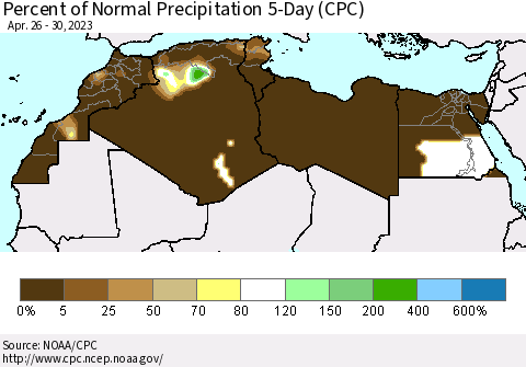 North Africa Percent of Normal Precipitation 5-Day (CPC) Thematic Map For 4/26/2023 - 4/30/2023