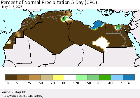 North Africa Percent of Normal Precipitation 5-Day (CPC) Thematic Map For 5/1/2023 - 5/5/2023