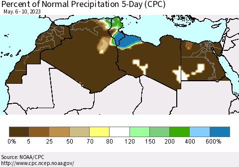 North Africa Percent of Normal Precipitation 5-Day (CPC) Thematic Map For 5/6/2023 - 5/10/2023
