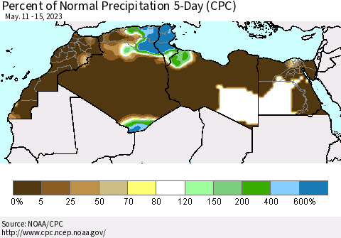 North Africa Percent of Normal Precipitation 5-Day (CPC) Thematic Map For 5/11/2023 - 5/15/2023