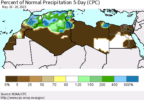 North Africa Percent of Normal Precipitation 5-Day (CPC) Thematic Map For 5/16/2023 - 5/20/2023