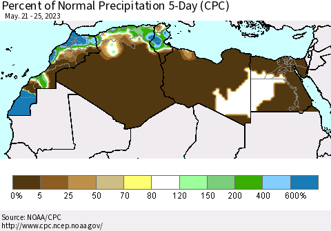 North Africa Percent of Normal Precipitation 5-Day (CPC) Thematic Map For 5/21/2023 - 5/25/2023