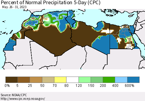 North Africa Percent of Normal Precipitation 5-Day (CPC) Thematic Map For 5/26/2023 - 5/31/2023