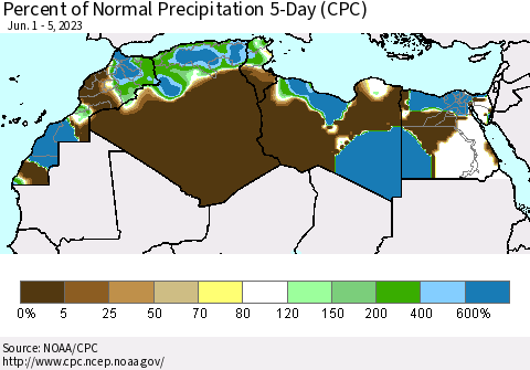 North Africa Percent of Normal Precipitation 5-Day (CPC) Thematic Map For 6/1/2023 - 6/5/2023