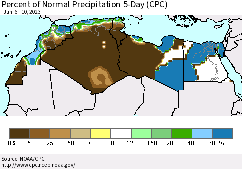 North Africa Percent of Normal Precipitation 5-Day (CPC) Thematic Map For 6/6/2023 - 6/10/2023