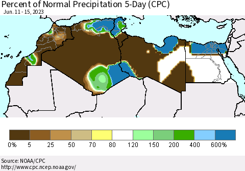 North Africa Percent of Normal Precipitation 5-Day (CPC) Thematic Map For 6/11/2023 - 6/15/2023