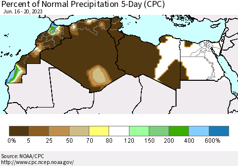 North Africa Percent of Normal Precipitation 5-Day (CPC) Thematic Map For 6/16/2023 - 6/20/2023