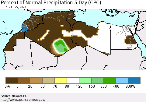 North Africa Percent of Normal Precipitation 5-Day (CPC) Thematic Map For 6/21/2023 - 6/25/2023