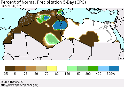 North Africa Percent of Normal Precipitation 5-Day (CPC) Thematic Map For 6/26/2023 - 6/30/2023