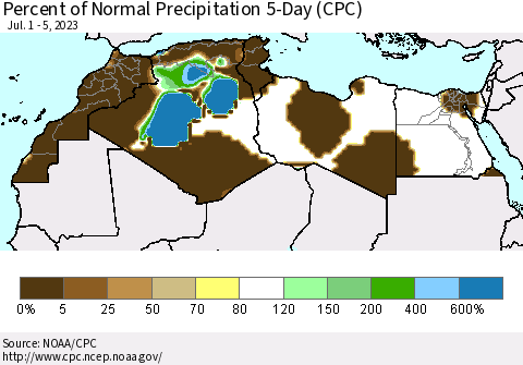 North Africa Percent of Normal Precipitation 5-Day (CPC) Thematic Map For 7/1/2023 - 7/5/2023