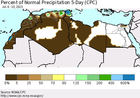 North Africa Percent of Normal Precipitation 5-Day (CPC) Thematic Map For 7/6/2023 - 7/10/2023