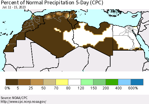 North Africa Percent of Normal Precipitation 5-Day (CPC) Thematic Map For 7/11/2023 - 7/15/2023