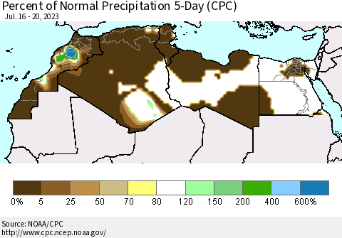 North Africa Percent of Normal Precipitation 5-Day (CPC) Thematic Map For 7/16/2023 - 7/20/2023