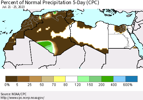 North Africa Percent of Normal Precipitation 5-Day (CPC) Thematic Map For 7/21/2023 - 7/25/2023