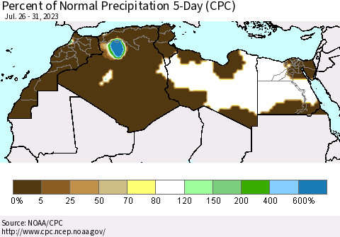 North Africa Percent of Normal Precipitation 5-Day (CPC) Thematic Map For 7/26/2023 - 7/31/2023