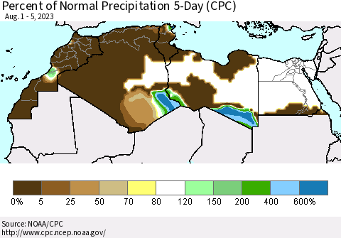 North Africa Percent of Normal Precipitation 5-Day (CPC) Thematic Map For 8/1/2023 - 8/5/2023