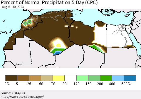 North Africa Percent of Normal Precipitation 5-Day (CPC) Thematic Map For 8/6/2023 - 8/10/2023