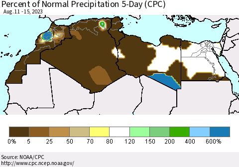 North Africa Percent of Normal Precipitation 5-Day (CPC) Thematic Map For 8/11/2023 - 8/15/2023