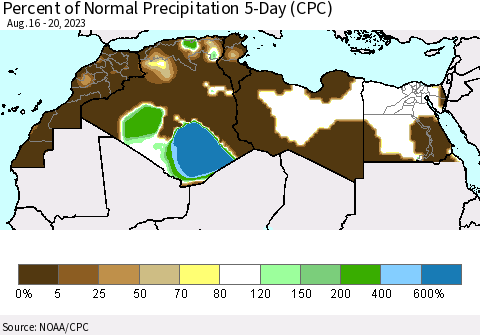 North Africa Percent of Normal Precipitation 5-Day (CPC) Thematic Map For 8/16/2023 - 8/20/2023