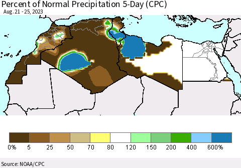North Africa Percent of Normal Precipitation 5-Day (CPC) Thematic Map For 8/21/2023 - 8/25/2023