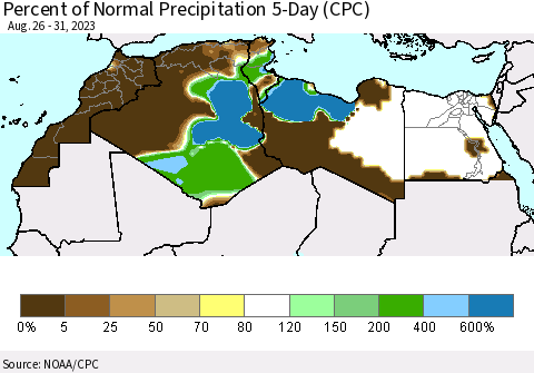 North Africa Percent of Normal Precipitation 5-Day (CPC) Thematic Map For 8/26/2023 - 8/31/2023
