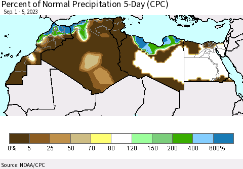 North Africa Percent of Normal Precipitation 5-Day (CPC) Thematic Map For 9/1/2023 - 9/5/2023