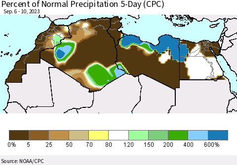 North Africa Percent of Normal Precipitation 5-Day (CPC) Thematic Map For 9/6/2023 - 9/10/2023