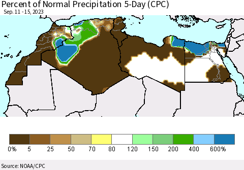 North Africa Percent of Normal Precipitation 5-Day (CPC) Thematic Map For 9/11/2023 - 9/15/2023