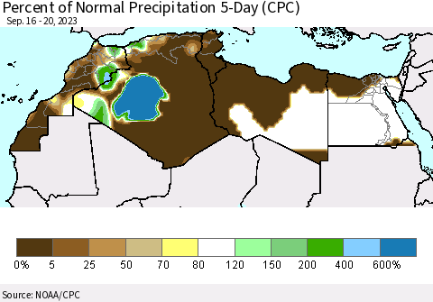 North Africa Percent of Normal Precipitation 5-Day (CPC) Thematic Map For 9/16/2023 - 9/20/2023