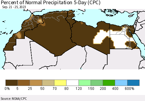 North Africa Percent of Normal Precipitation 5-Day (CPC) Thematic Map For 9/21/2023 - 9/25/2023