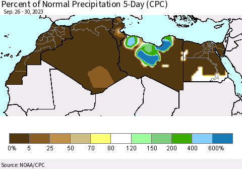 North Africa Percent of Normal Precipitation 5-Day (CPC) Thematic Map For 9/26/2023 - 9/30/2023