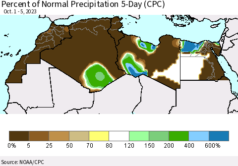 North Africa Percent of Normal Precipitation 5-Day (CPC) Thematic Map For 10/1/2023 - 10/5/2023