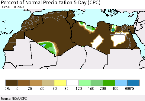 North Africa Percent of Normal Precipitation 5-Day (CPC) Thematic Map For 10/6/2023 - 10/10/2023