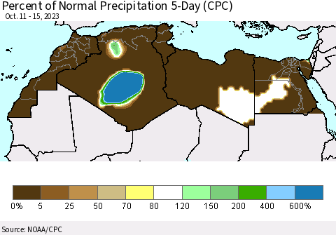 North Africa Percent of Normal Precipitation 5-Day (CPC) Thematic Map For 10/11/2023 - 10/15/2023