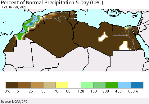 North Africa Percent of Normal Precipitation 5-Day (CPC) Thematic Map For 10/16/2023 - 10/20/2023