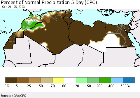 North Africa Percent of Normal Precipitation 5-Day (CPC) Thematic Map For 10/21/2023 - 10/25/2023