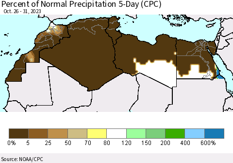 North Africa Percent of Normal Precipitation 5-Day (CPC) Thematic Map For 10/26/2023 - 10/31/2023
