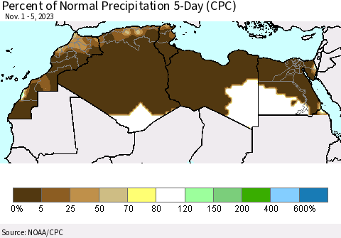 North Africa Percent of Normal Precipitation 5-Day (CPC) Thematic Map For 11/1/2023 - 11/5/2023
