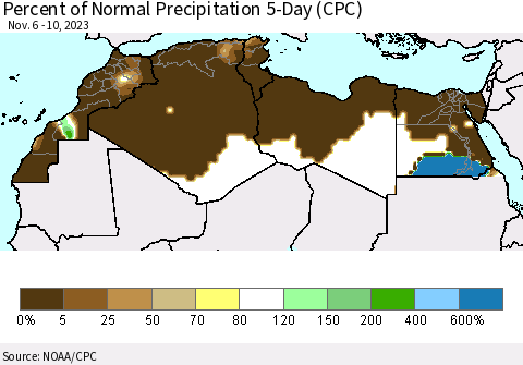 North Africa Percent of Normal Precipitation 5-Day (CPC) Thematic Map For 11/6/2023 - 11/10/2023