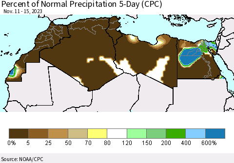 North Africa Percent of Normal Precipitation 5-Day (CPC) Thematic Map For 11/11/2023 - 11/15/2023